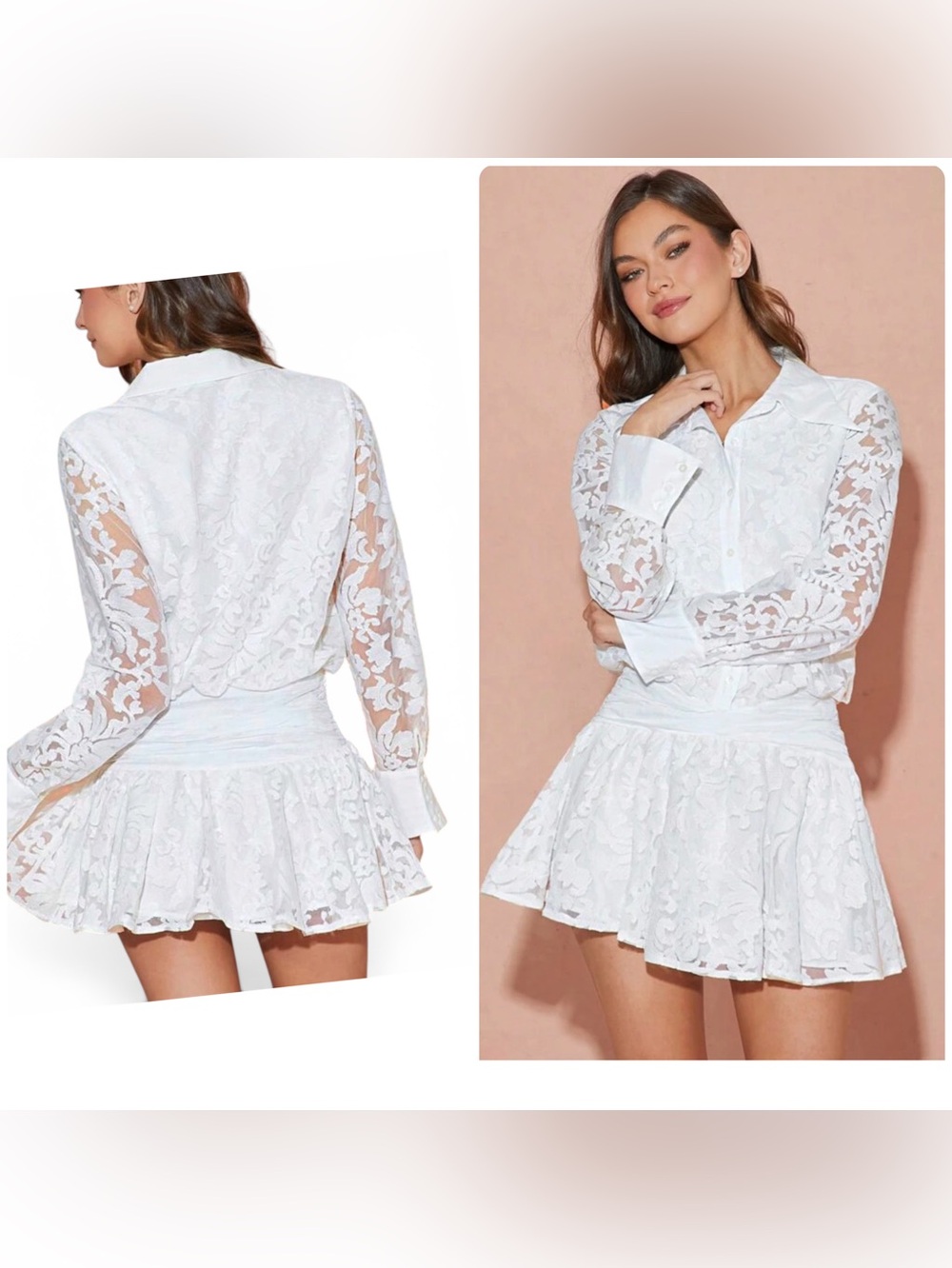 White Floral Embroidery Ruffled Hem Mini Dress see description for measurements